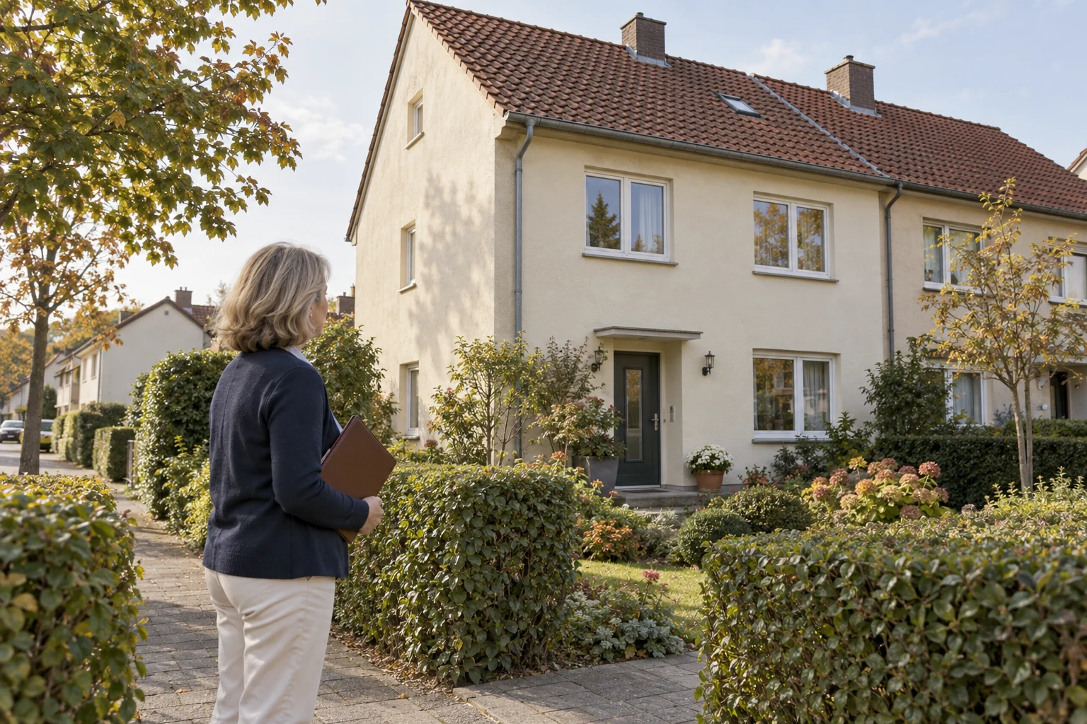 Eine Eigentümerin mit geschlossener Mappe steht vor einem hell verputzten Haus mit Ziegeldach und gewachsenem Vorgarten.